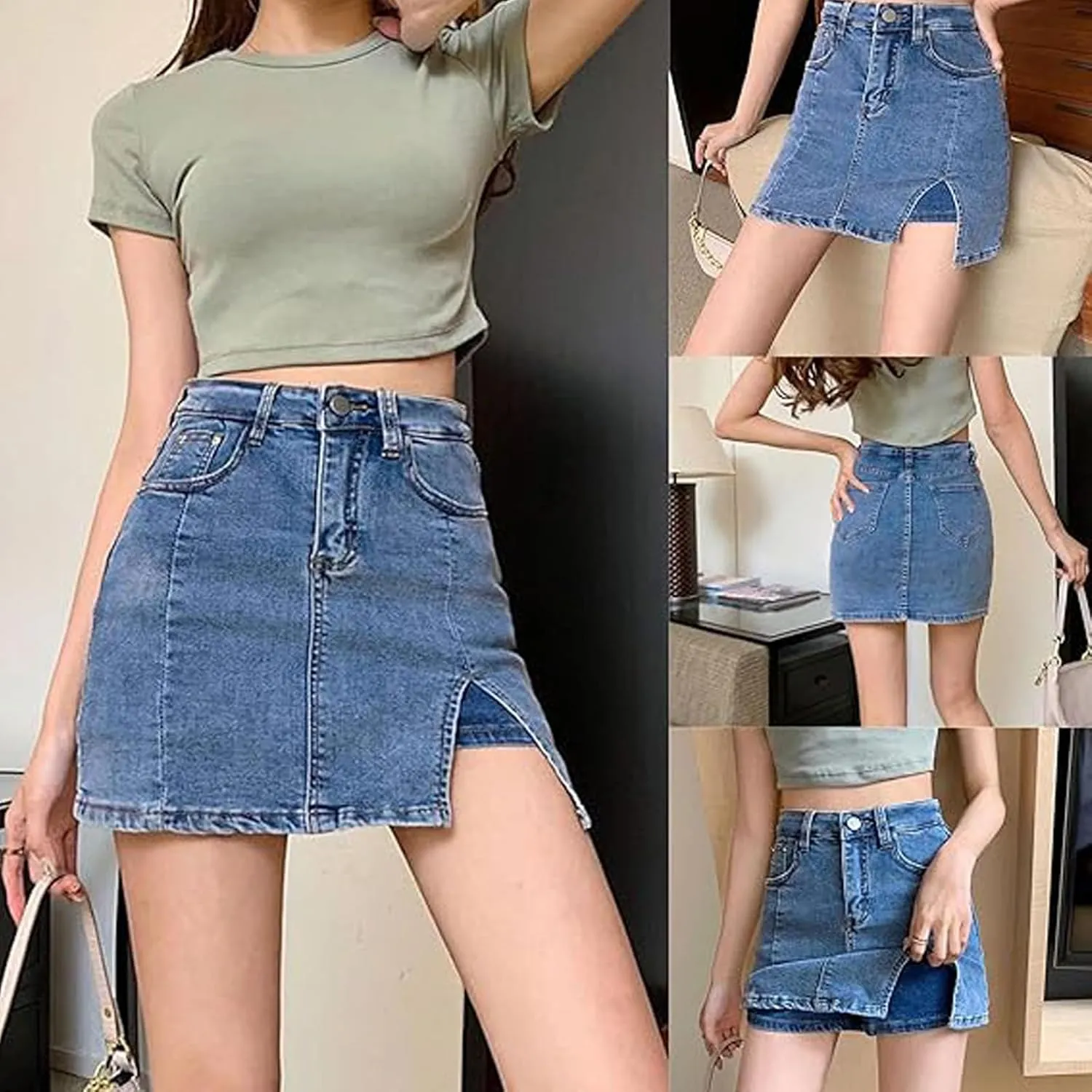 Bloomy Jean Skorts, Bloomy Skorts, Women Trendy, High Waisted Casual Stretchy Denim Skirt Side Split Mini Skirts,