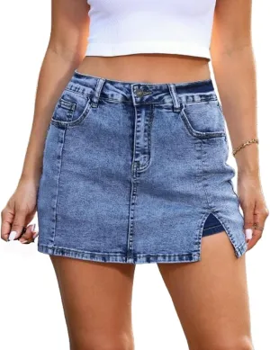 Bloomy Skorts, Bloomy Jean Skorts, High Waisted Casual Stretchy Denim Side Split Skirt with Pocket for Woman