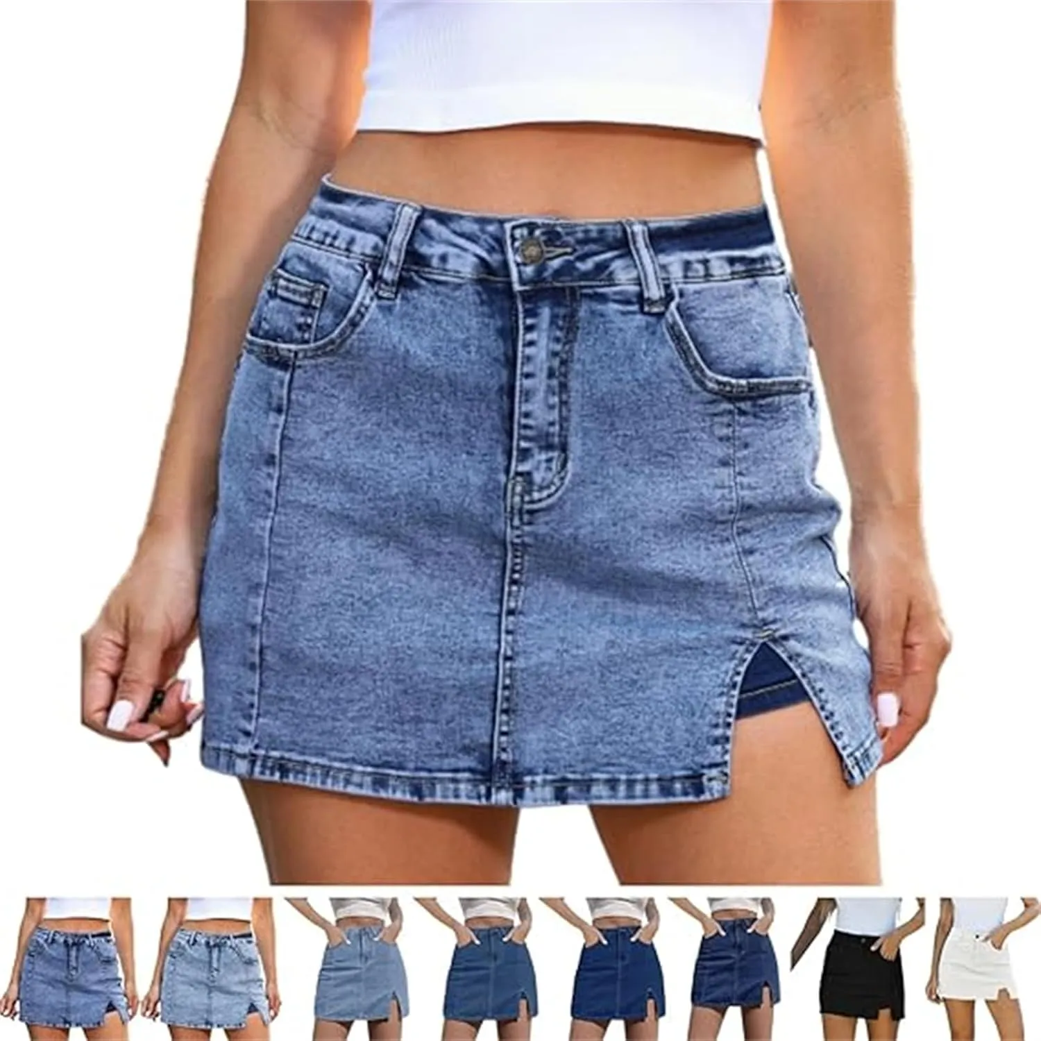 BloomySkorts Jean Skorts, Denim Jean Mini Shorts Slit Skirts for Women, High Waisted Casual Stretchy Denim Skirt