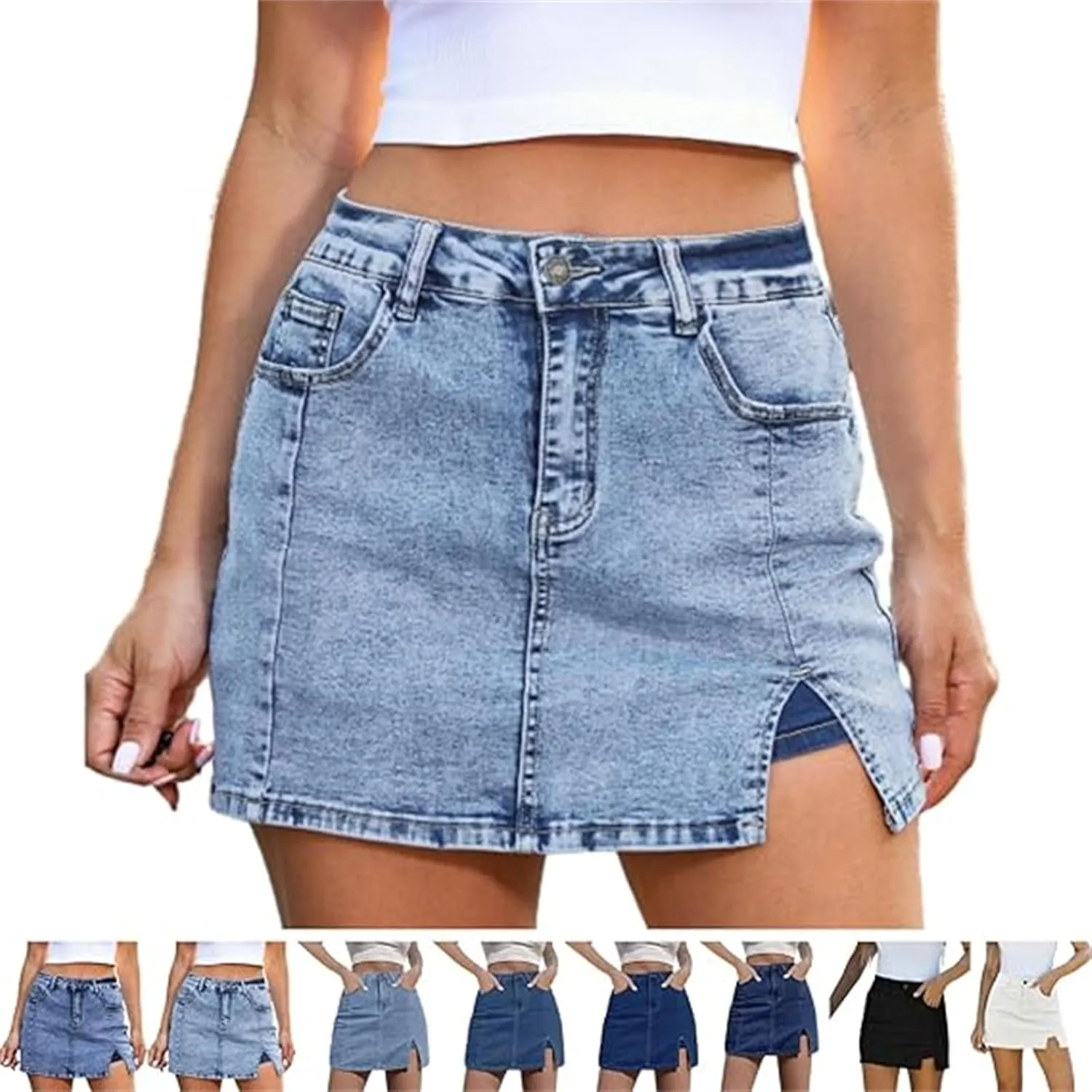 BloomySkorts Jean Skorts, Denim Jean Mini Shorts Slit Skirts for Women, High Waisted Casual Stretchy Denim Skirt