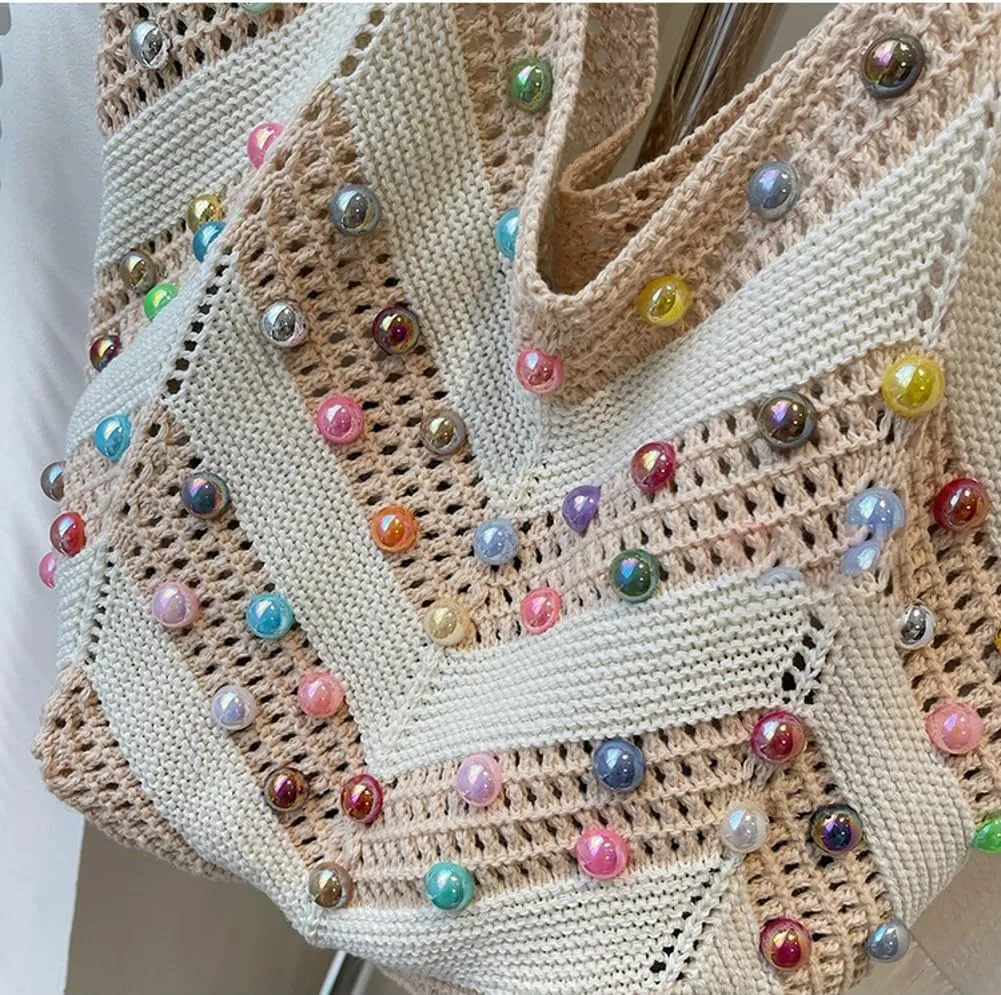 Bohemia Beach Bag Women Macrame Shoulder Tote Bags Crossbody Purse Pearl Travel Summer Knitted Handbag Hobo Bags 2025