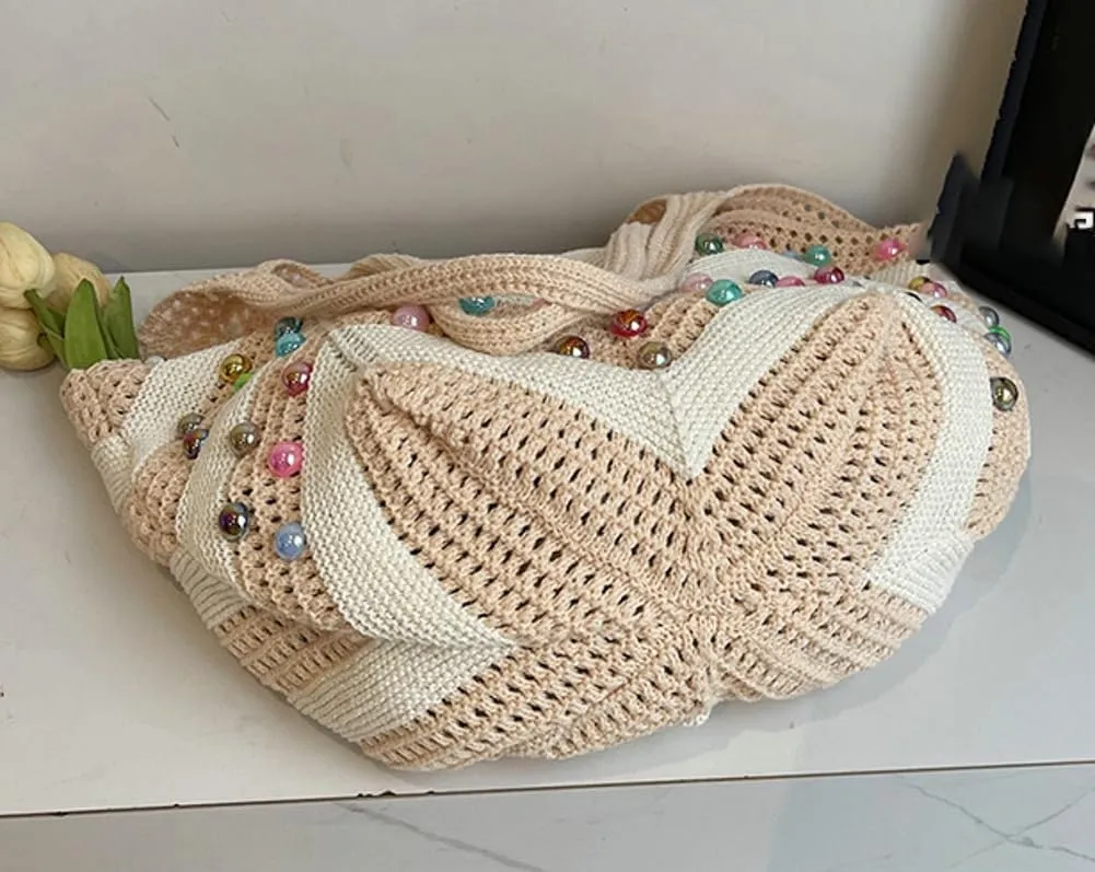 Bohemia Beach Bag Women Macrame Shoulder Tote Bags Crossbody Purse Pearl Travel Summer Knitted Handbag Hobo Bags 2025