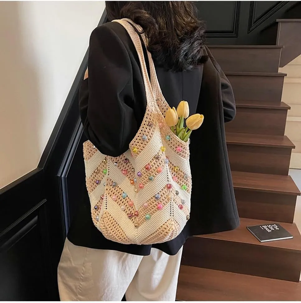 Bohemia Beach Bag Women Macrame Shoulder Tote Bags Crossbody Purse Pearl Travel Summer Knitted Handbag Hobo Bags 2025