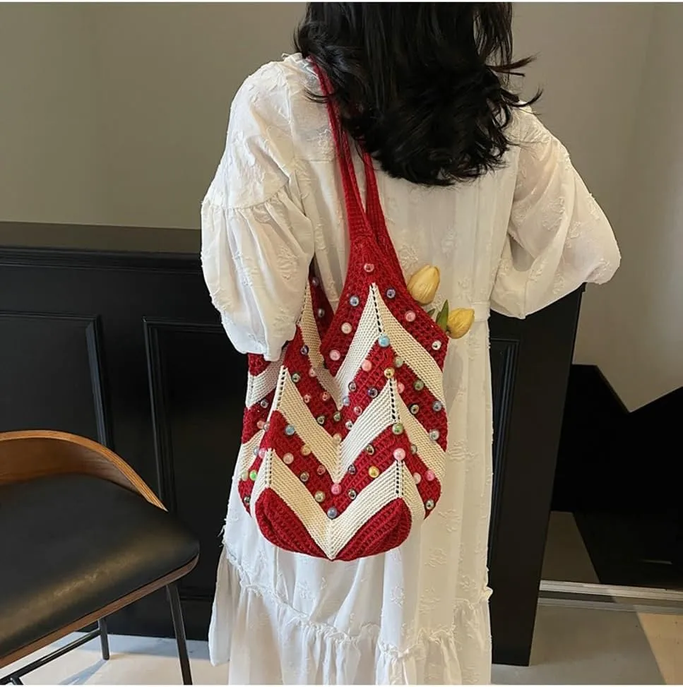 Bohemia Beach Bag Women Macrame Shoulder Tote Bags Crossbody Purse Pearl Travel Summer Knitted Handbag Hobo Bags 2025