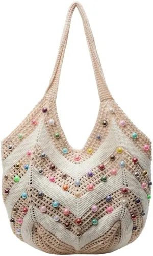 Bohemia Beach Bag Women Macrame Shoulder Tote Bags Crossbody Purse Pearl Travel Summer Knitted Handbag Hobo Bags 2025