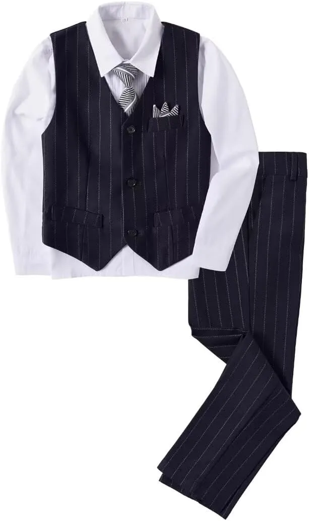 Boys Pinstripe Suits Kids Wedding Bearer Outfit Toddler Boy Communion Clothes Easter Formal Suit Set with Shirt and Tie