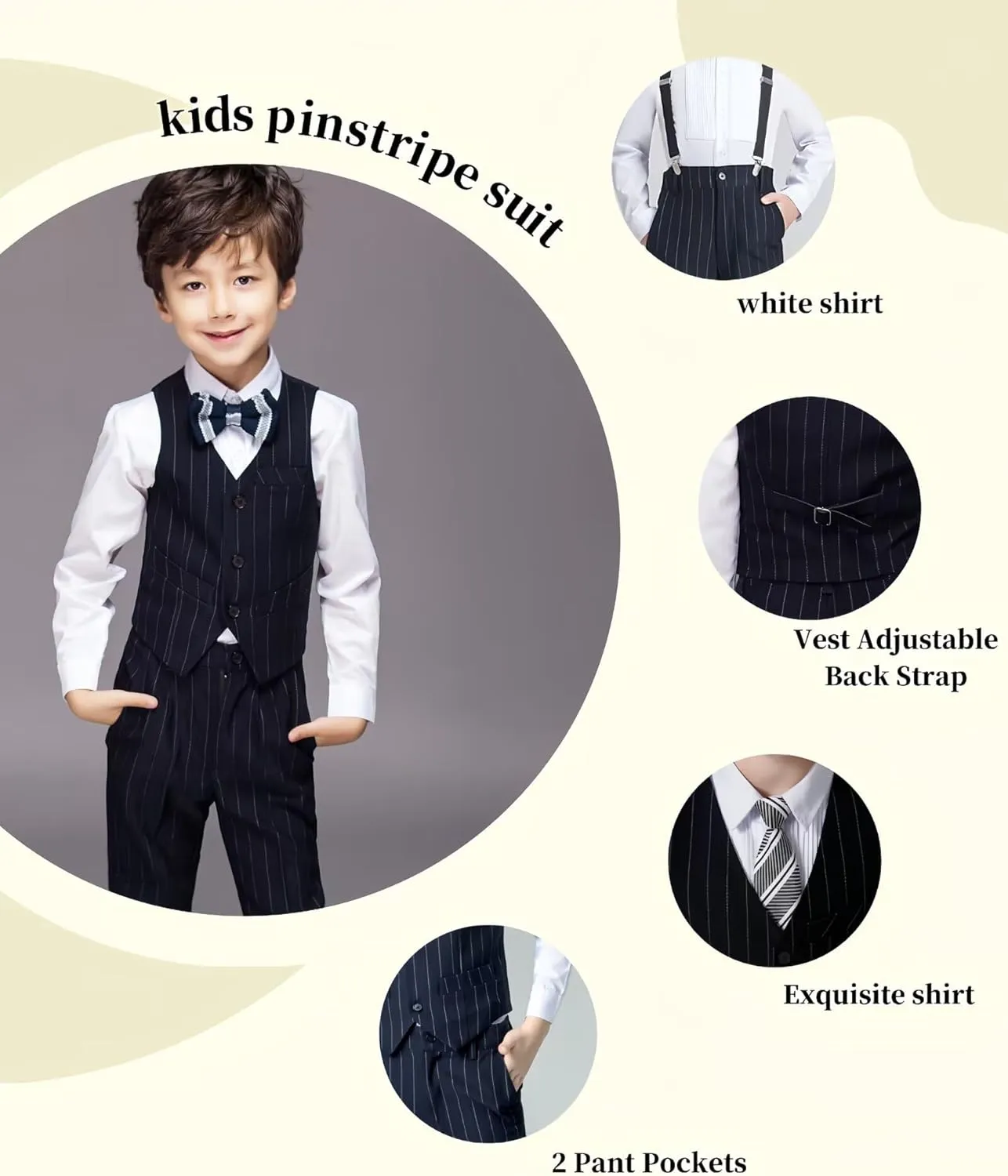 Boys Pinstripe Suits Kids Wedding Bearer Outfit Toddler Boy Communion Clothes Easter Formal Suit Set with Shirt and Tie