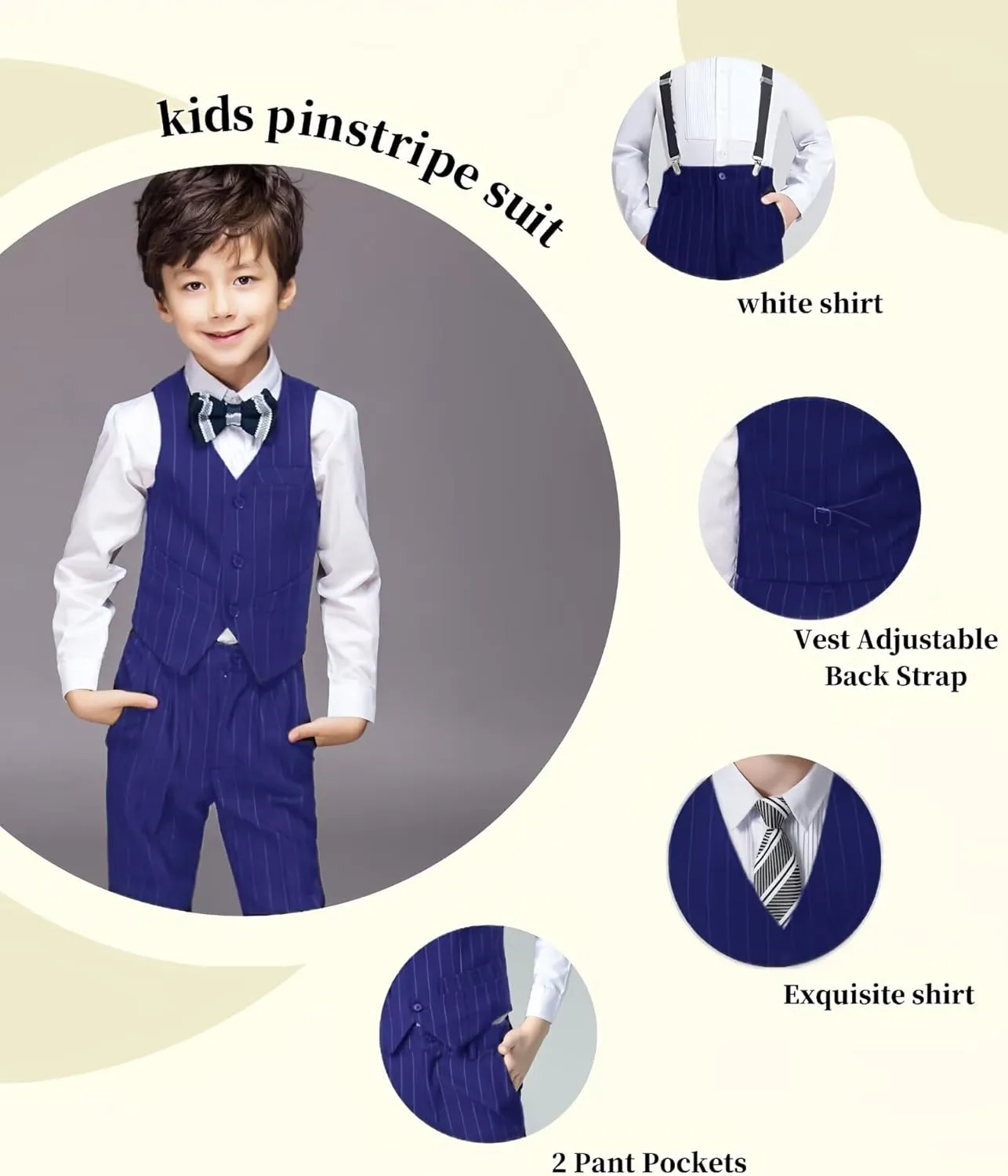 Boys Pinstripe Suits Kids Wedding Bearer Outfit Toddler Boy Communion Clothes Easter Formal Suit Set with Shirt and Tie