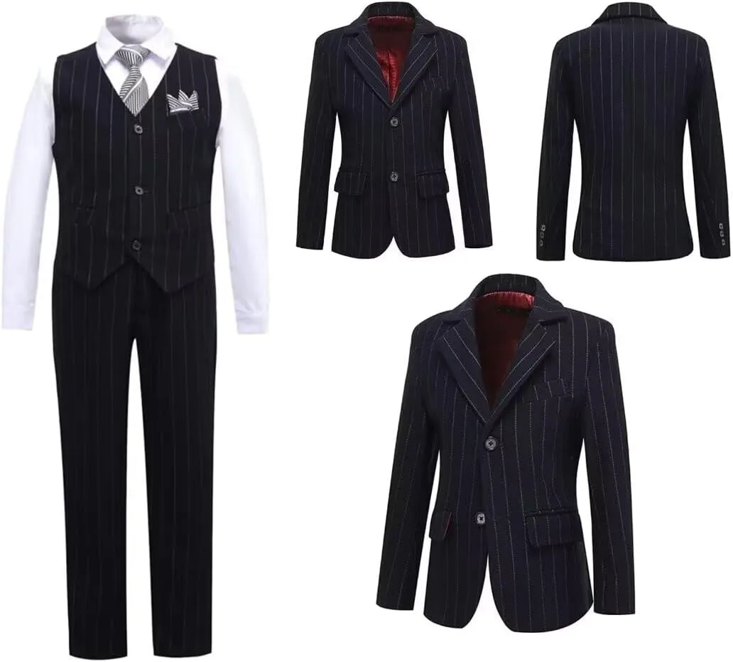 Boys Pinstripe Suits Kids Wedding Bearer Outfit Toddler Boy Communion Clothes Easter Formal Suit Set with Shirt and Tie