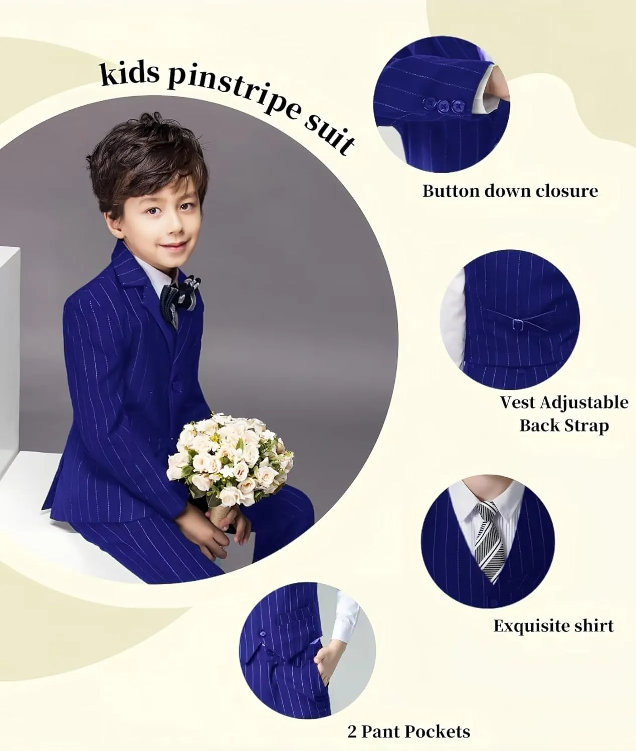 Boys Pinstripe Suits Kids Wedding Bearer Outfit Toddler Boy Communion Clothes Easter Formal Suit Set with Shirt and Tie
