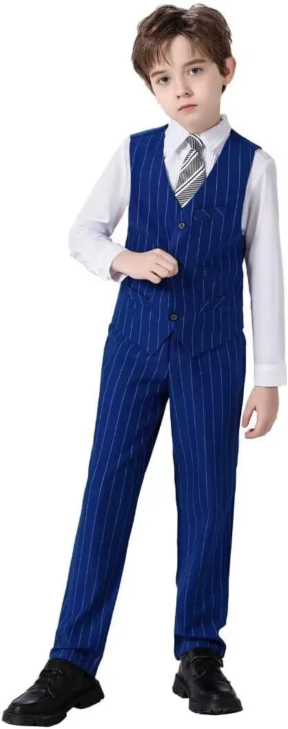 Boys Pinstripe Suits Kids Wedding Bearer Outfit Toddler Boy Communion Clothes Easter Formal Suit Set with Shirt and Tie