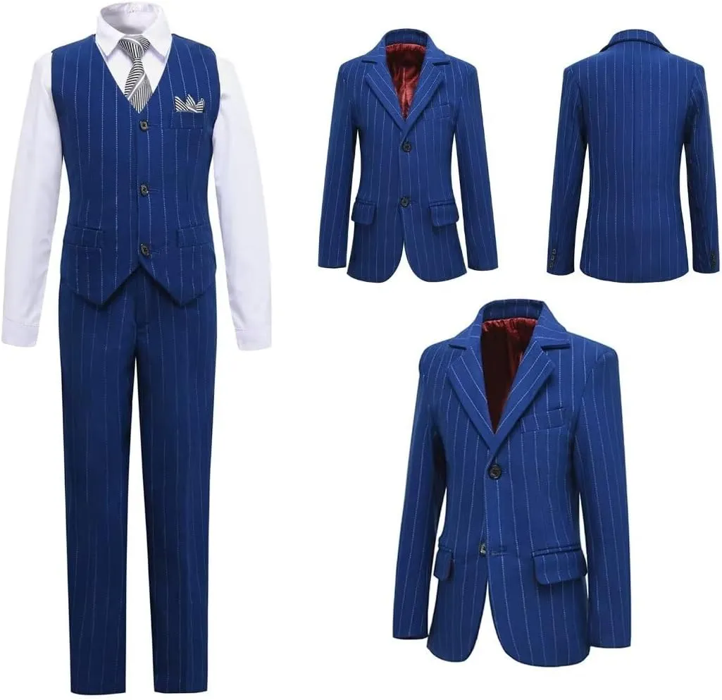 Boys Pinstripe Suits Kids Wedding Bearer Outfit Toddler Boy Communion Clothes Easter Formal Suit Set with Shirt and Tie