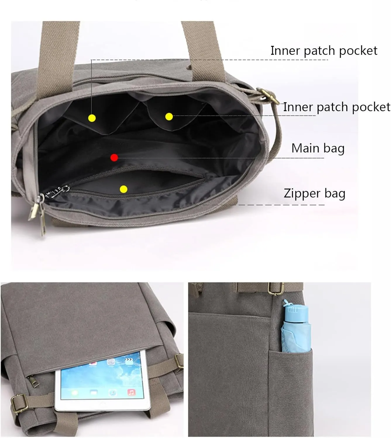 Canvas Tote Bag for Women With Pockets,Large Canvas Tote Bag With Zipper And Compartments Crossbody Work Tote Bag Fall Shoulder Bag Satchel Hobo Bag Messenger Bag For Everyday Shopping Travel (Grey)