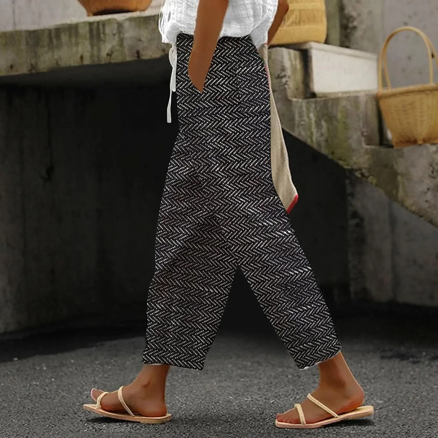 Capri Pants for Women Drawstring Capri Pants with Pockets Wide Leg Cropped Pants for Women Capri Linen Pants for
