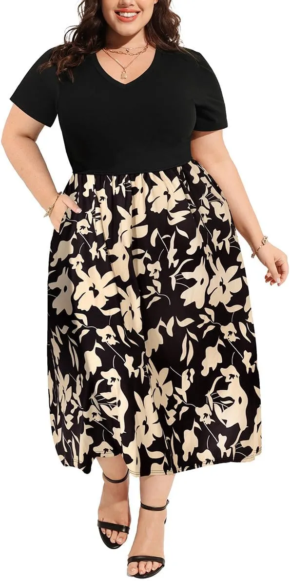 CARCOS Plus Size Dresses for Women Summer Short Sleeve V Neck Patchwork Dresseses XL-5XL
