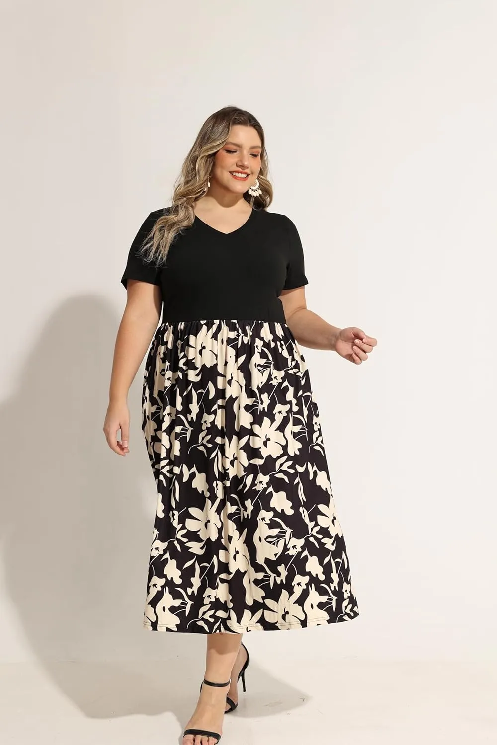 CARCOS Plus Size Dresses for Women Summer Short Sleeve V Neck Patchwork Dresseses XL-5XL