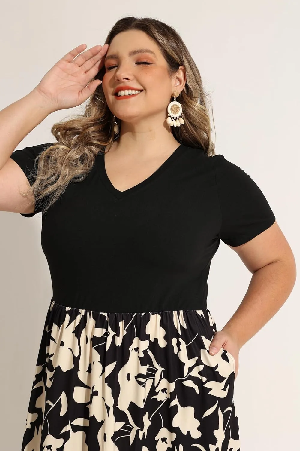 CARCOS Plus Size Dresses for Women Summer Short Sleeve V Neck Patchwork Dresseses XL-5XL