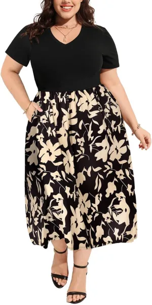 CARCOS Plus Size Dresses for Women Summer Short Sleeve V Neck Patchwork Dresseses XL-5XL