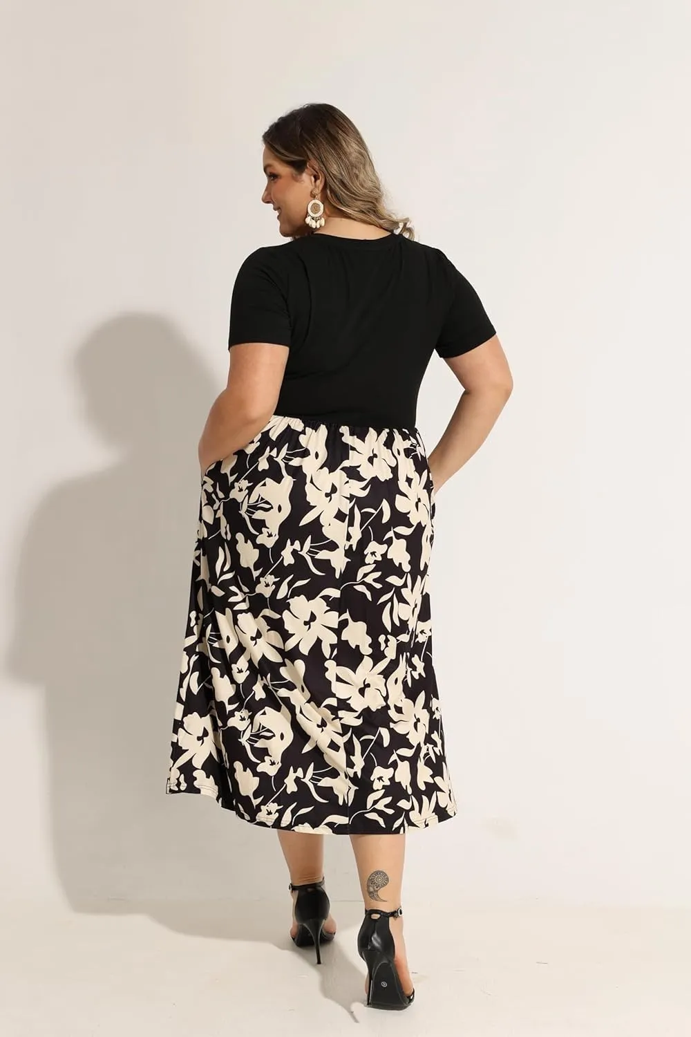 CARCOS Plus Size Dresses for Women Summer Short Sleeve V Neck Patchwork Dresseses XL-5XL