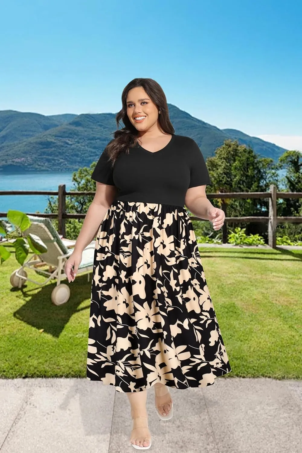 CARCOS Plus Size Dresses for Women Summer Short Sleeve V Neck Patchwork Dresseses XL-5XL