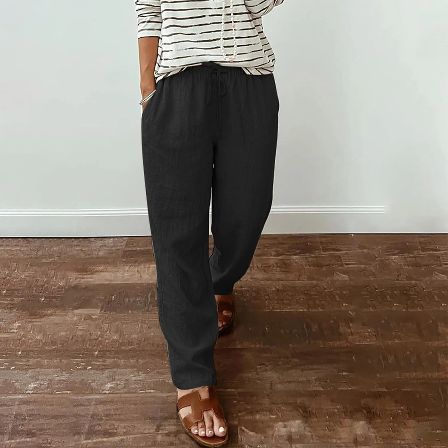 Casual Cotton Linen Pants Women Elastic High Waist Drawstring Tapered Leg Joggers Trousers Summer Beach Lounge Pants