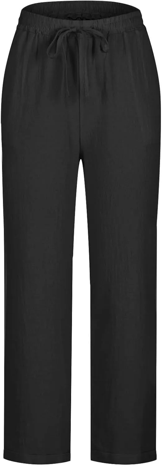 Casual Cotton Linen Pants Women Elastic High Waist Drawstring Tapered Leg Joggers Trousers Summer Beach Lounge Pants