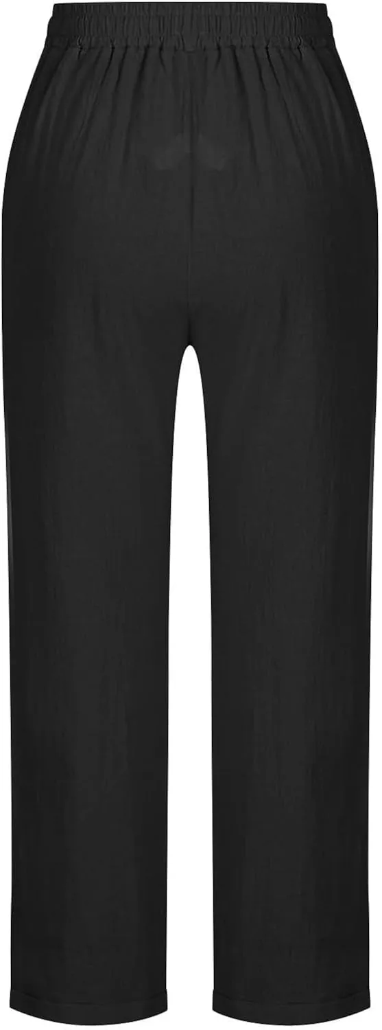 Casual Cotton Linen Pants Women Elastic High Waist Drawstring Tapered Leg Joggers Trousers Summer Beach Lounge Pants