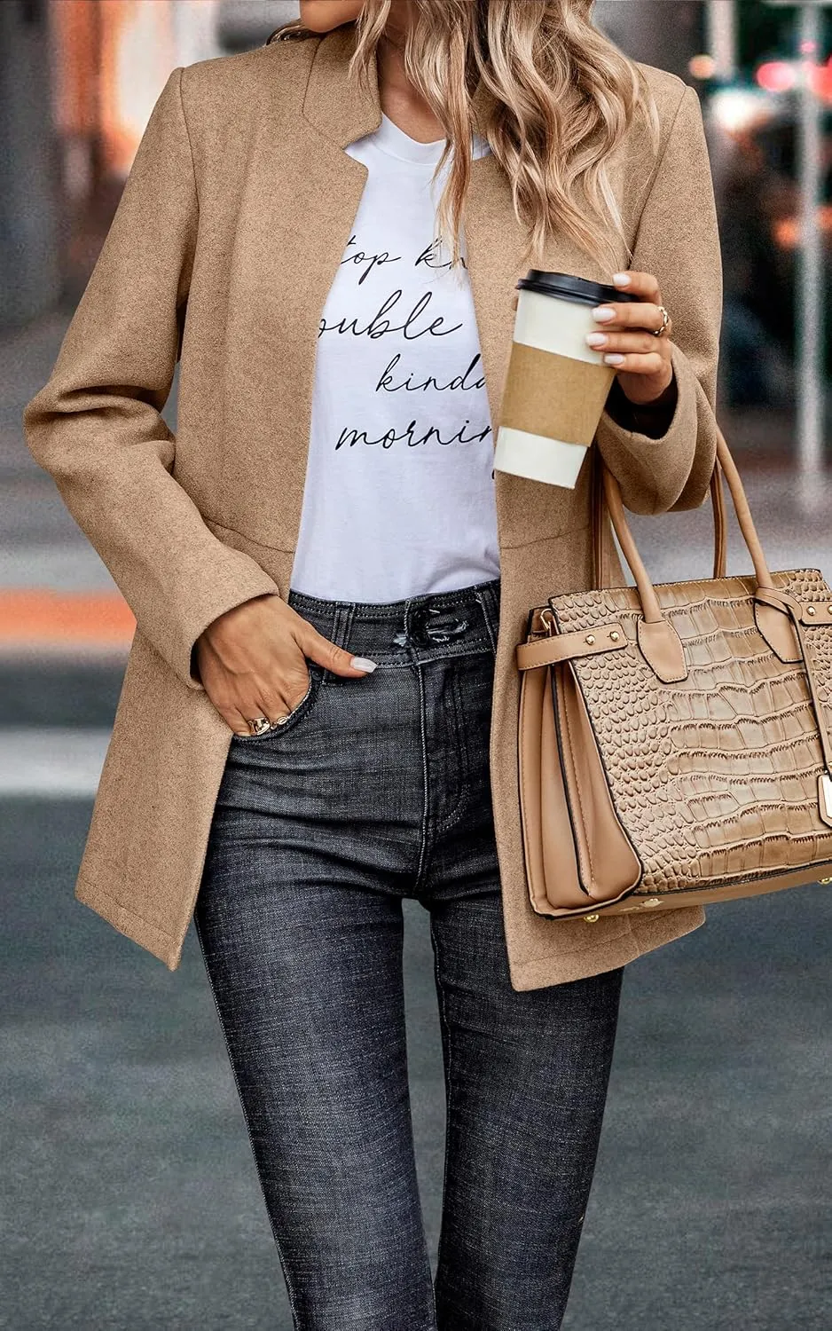 CCTOO Women's Coat Casual Open Front Blazer Long Sleeve Stand Collar Solid Trench Business Work Office Jacket Outwear