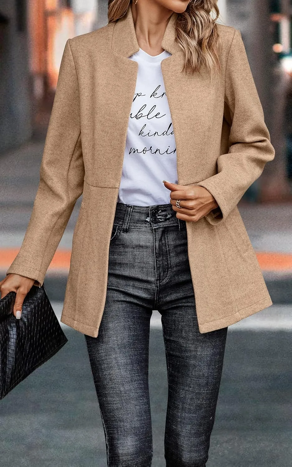 CCTOO Women's Coat Casual Open Front Blazer Long Sleeve Stand Collar Solid Trench Business Work Office Jacket Outwear