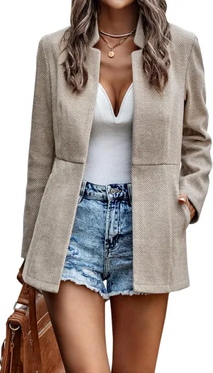CCTOO Women's Coat Casual Open Front Blazer Long Sleeve Stand Collar Solid Trench Business Work Office Jacket Outwear