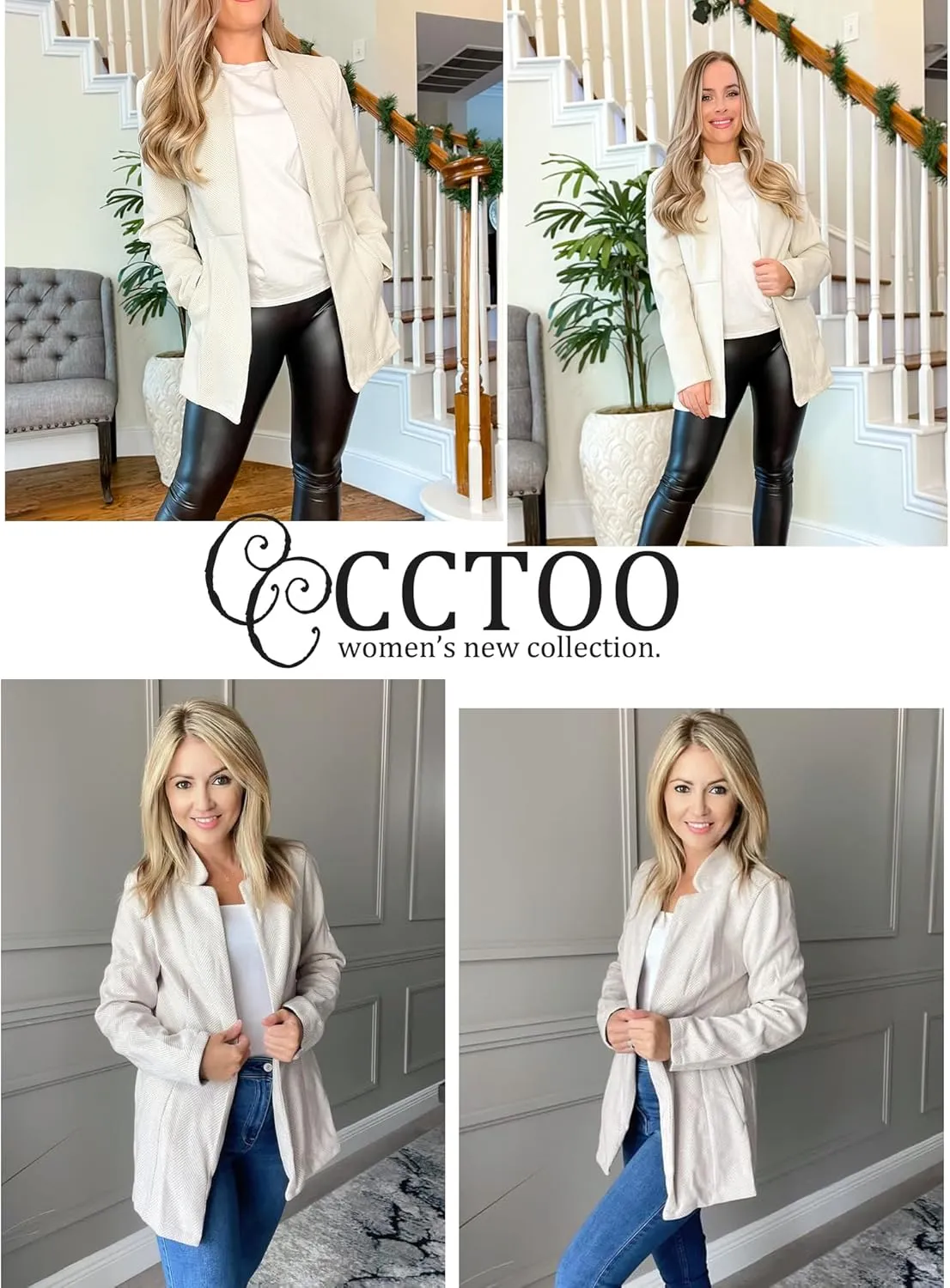 CCTOO Women's Coat Casual Open Front Blazer Long Sleeve Stand Collar Solid Trench Business Work Office Jacket Outwear