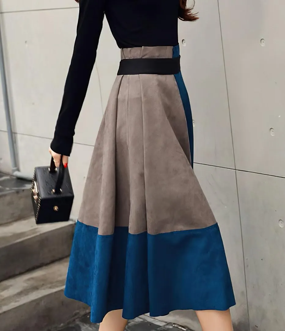 chouyatou Women's Color Block Faux Suede Leather A-Line Midi Long Skirt Sexy High Waisted Skater Skirt