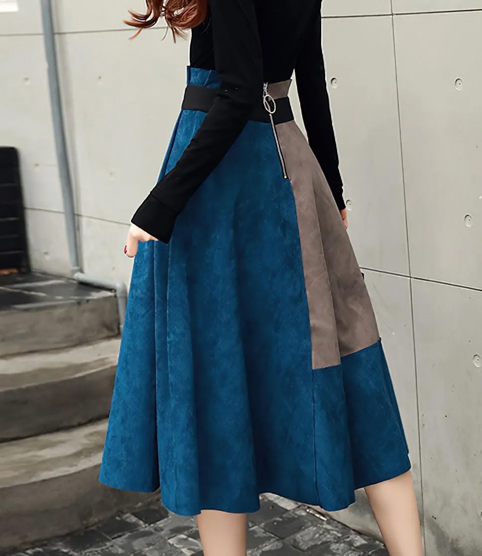 chouyatou Women's Color Block Faux Suede Leather A-Line Midi Long Skirt Sexy High Waisted Skater Skirt