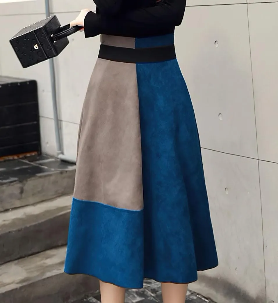 chouyatou Women's Color Block Faux Suede Leather A-Line Midi Long Skirt Sexy High Waisted Skater Skirt