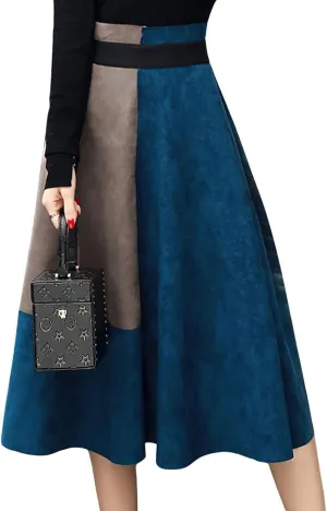 chouyatou Women's Color Block Faux Suede Leather A-Line Midi Long Skirt Sexy High Waisted Skater Skirt