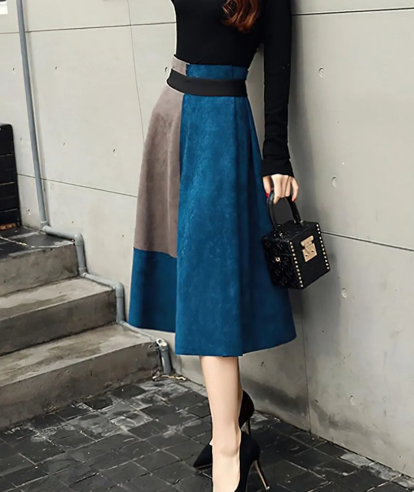 chouyatou Women's Color Block Faux Suede Leather A-Line Midi Long Skirt Sexy High Waisted Skater Skirt