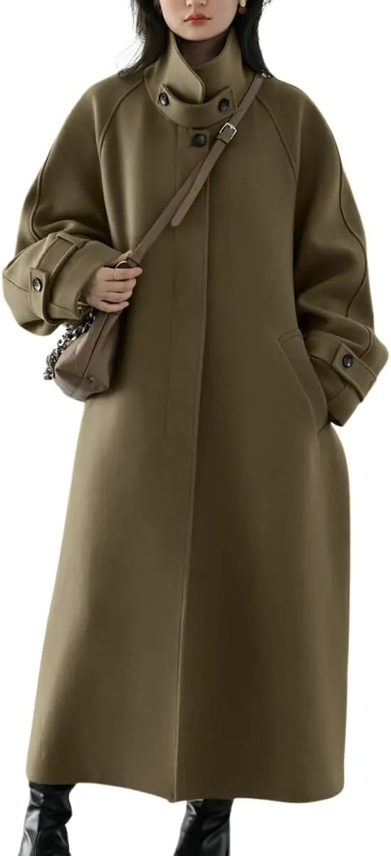 chouyatou Women's Winter Hidden Single Breasted Wool Coat Raglan Sleeve Business Long Wool Overcoat