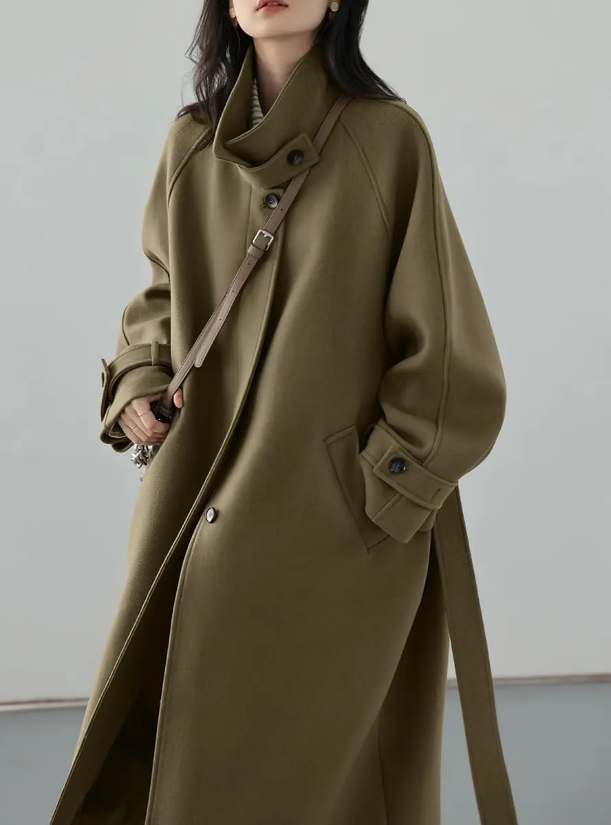 chouyatou Women's Winter Hidden Single Breasted Wool Coat Raglan Sleeve Business Long Wool Overcoat