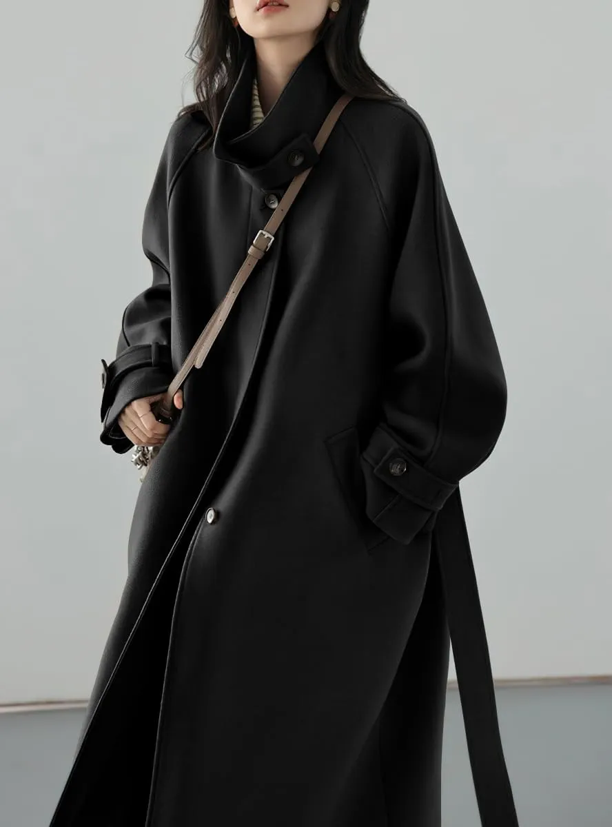 chouyatou Women's Winter Hidden Single Breasted Wool Coat Raglan Sleeve Business Long Wool Overcoat