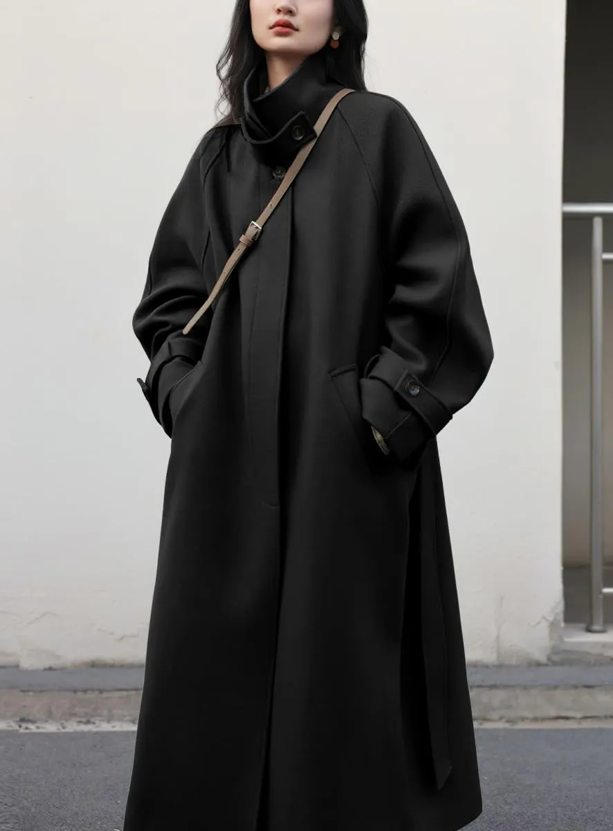 chouyatou Women's Winter Hidden Single Breasted Wool Coat Raglan Sleeve Business Long Wool Overcoat