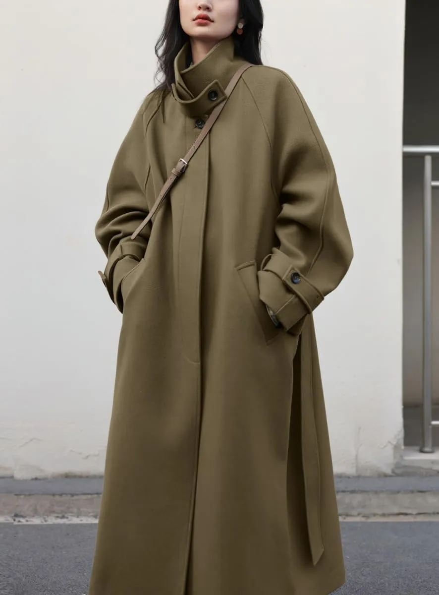 chouyatou Women's Winter Hidden Single Breasted Wool Coat Raglan Sleeve Business Long Wool Overcoat