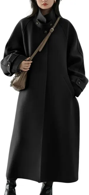 chouyatou Women's Winter Hidden Single Breasted Wool Coat Raglan Sleeve Business Long Wool Overcoat