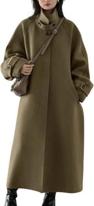 chouyatou Women's Winter Hidden Single Breasted Wool Coat Raglan Sleeve Business Long Wool Overcoat