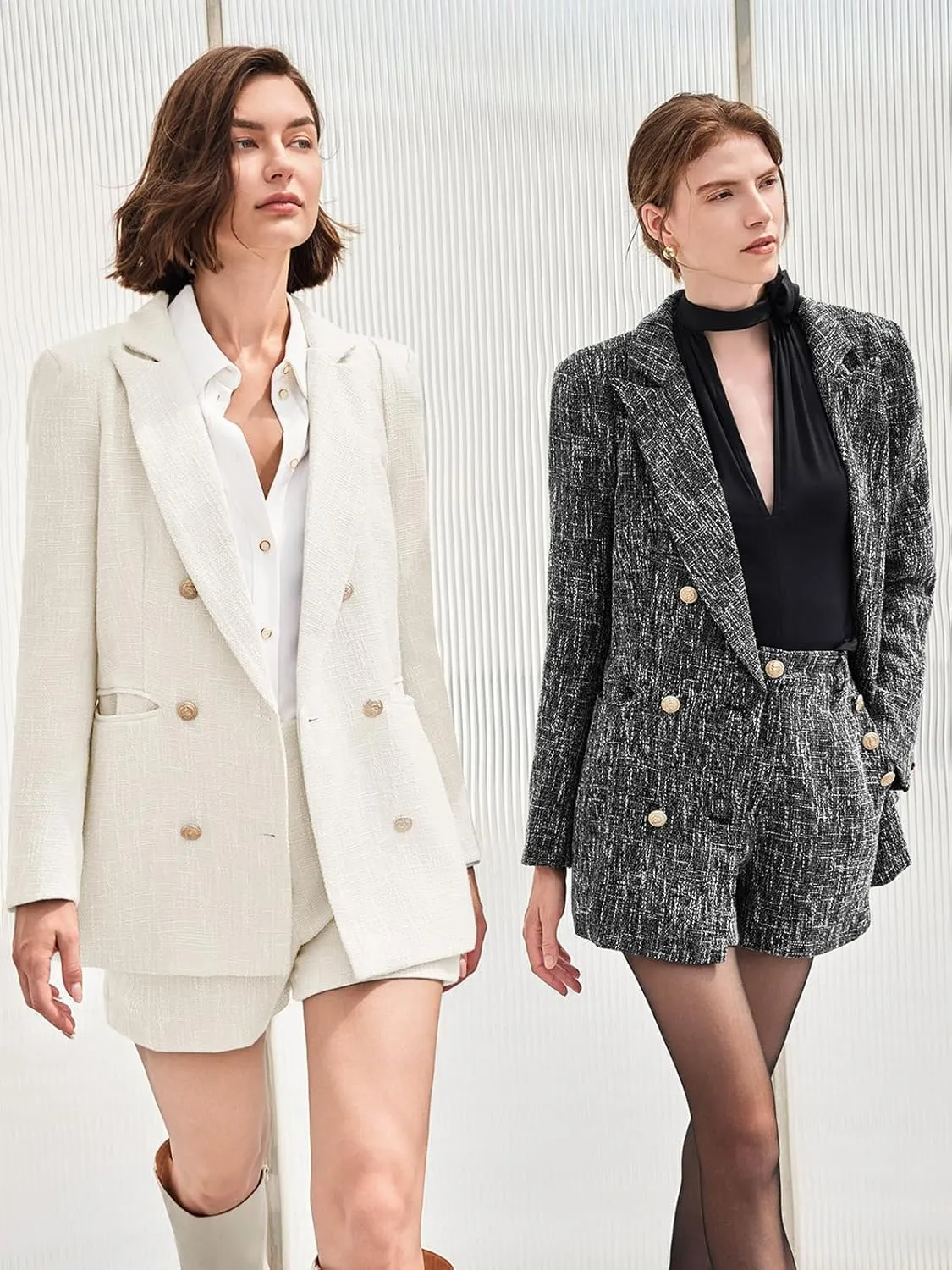Cicy Bell Womens 2 Piece Tweed Blazer Shorts Sets Long Sleeve Double Breasted Suit Jackets Business Outfit