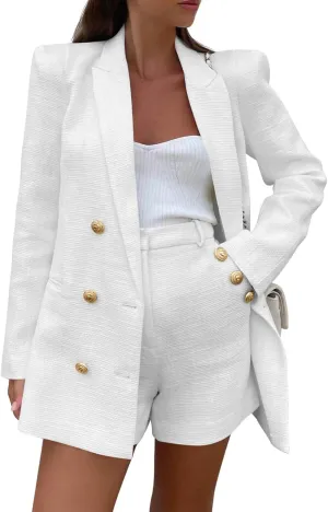 Cicy Bell Womens 2 Piece Tweed Blazer Shorts Sets Long Sleeve Double Breasted Suit Jackets Business Outfit