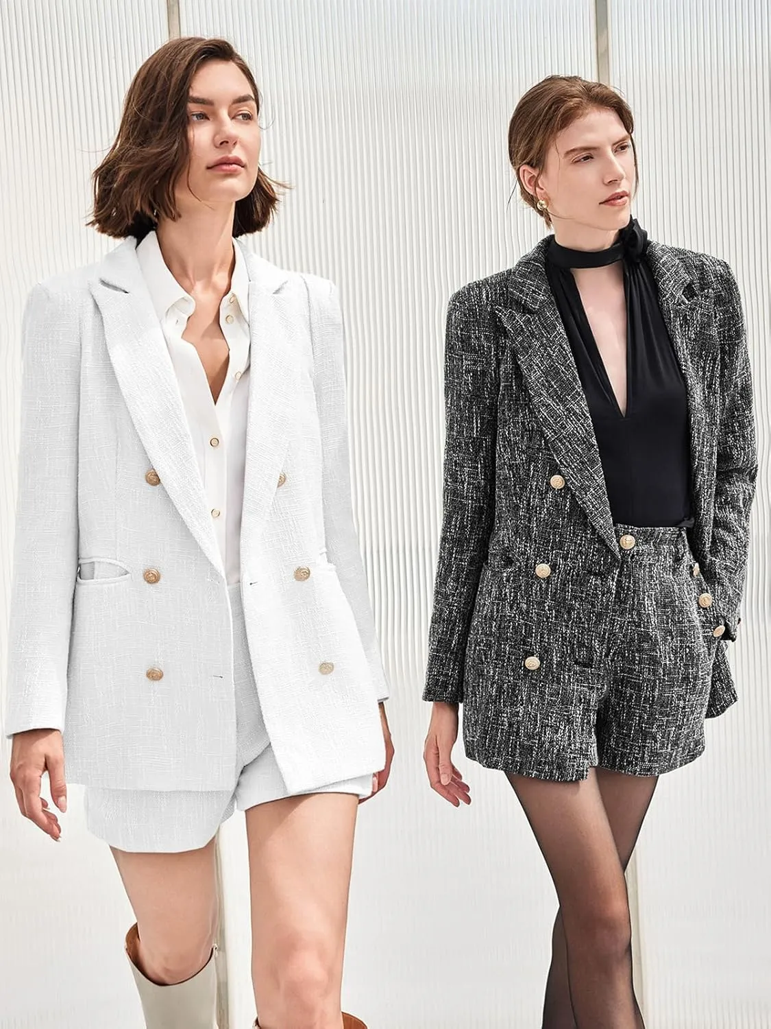 Cicy Bell Womens 2 Piece Tweed Blazer Shorts Sets Long Sleeve Double Breasted Suit Jackets Business Outfit