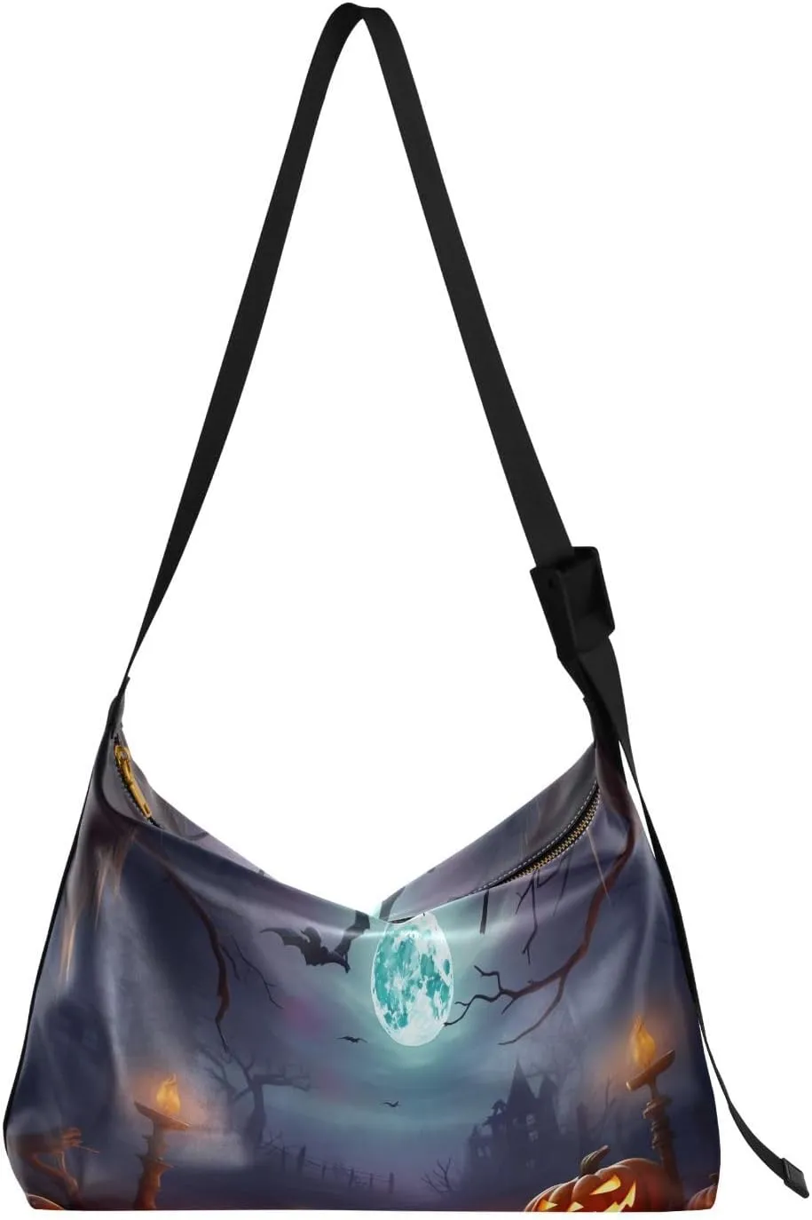 Creepy Pumpkins Moon Tote Bag for Women Large Hobo Bags Cross Body Bag Leather Hobo Bags with Adjustable Strap for Women Girl