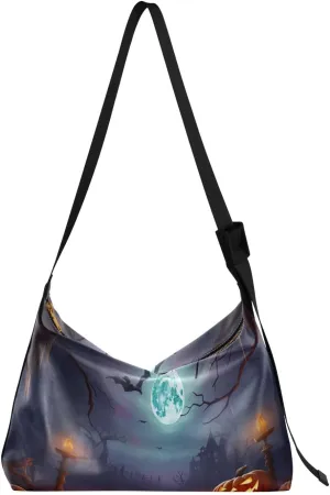 Creepy Pumpkins Moon Tote Bag for Women Large Hobo Bags Cross Body Bag Leather Hobo Bags with Adjustable Strap for Women Girl