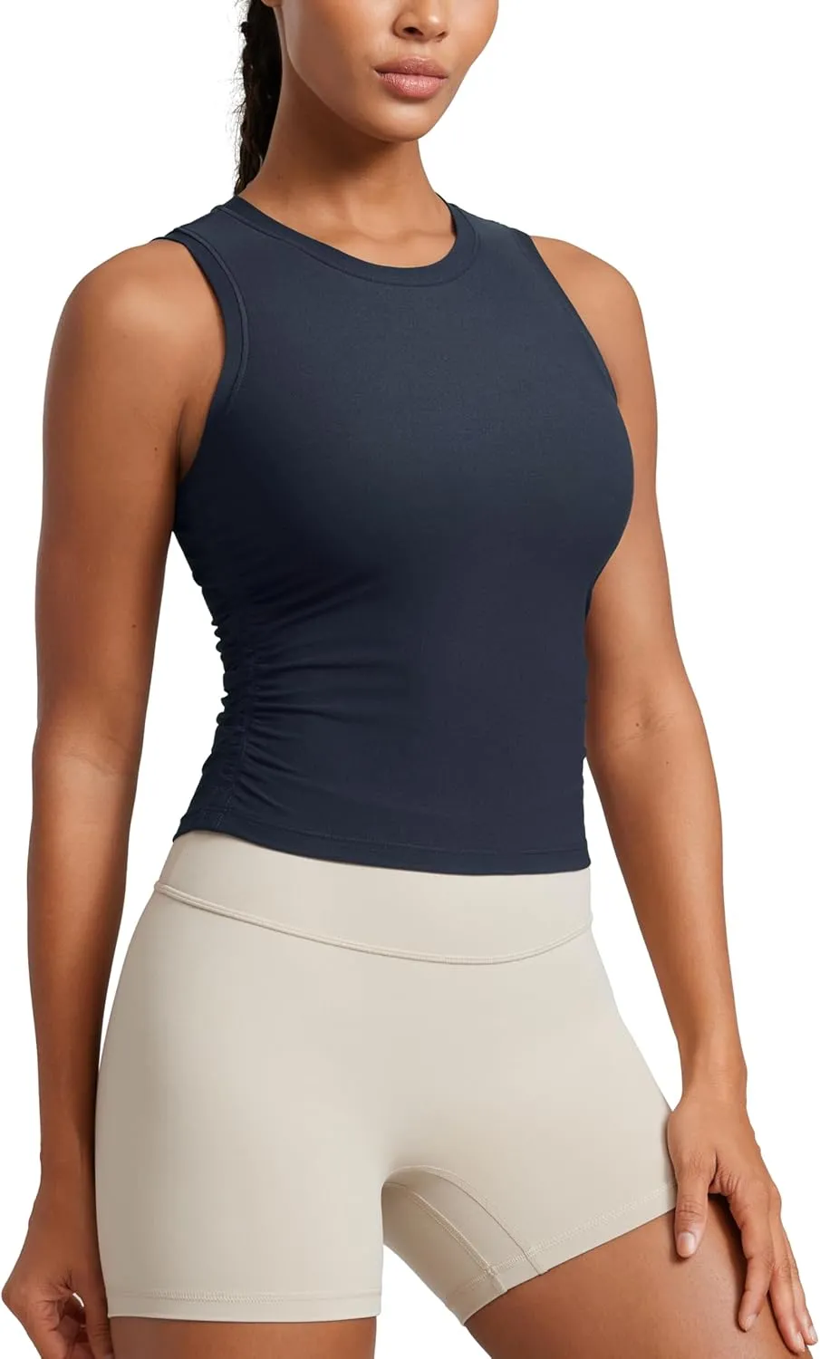 CRZ YOGA Cloudweight Womens Ruched Tank High Neck Workout Fitted Tops Basic Yoga Athletic Sleeveless Shirts