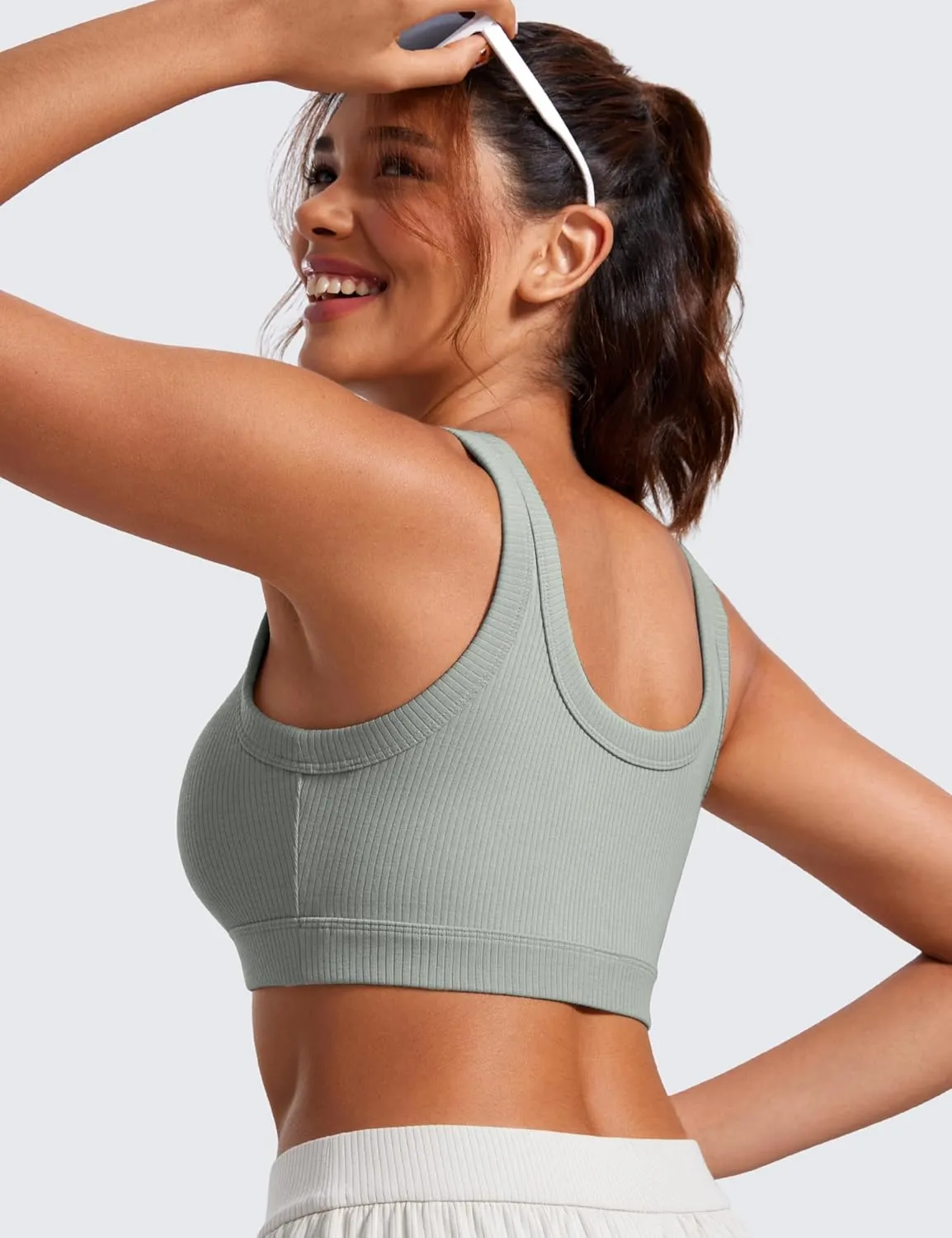 CRZ YOGA Ribbed Sports Bras for Women - U Back Wireless Medium Impact Padded Yoga Workout Cami